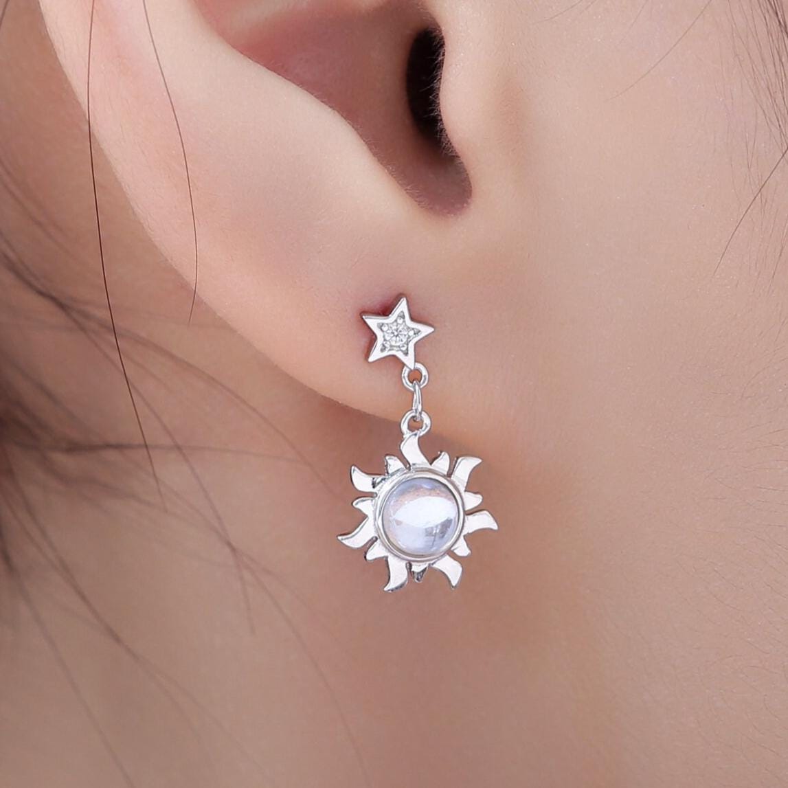Moonstone Sun and Star Dangle Stud Earrings in Sterling Silver, Silver or Gold, Star and Sun Earrings, Moonstone Earrings, Celestial Earring