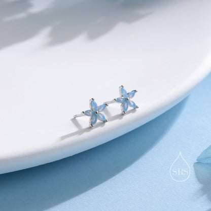 Opal Blue or Opal Pink CZ Flower Stud Earrings in Sterling Silver, Silver or Gold or Rose Gold, Crystal Earrings, Forget Me Not Stud