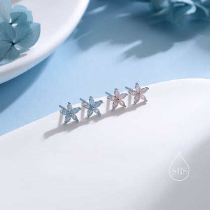 Opal Blue or Opal Pink CZ Flower Stud Earrings in Sterling Silver, Silver or Gold or Rose Gold, Crystal Earrings, Forget Me Not Stud