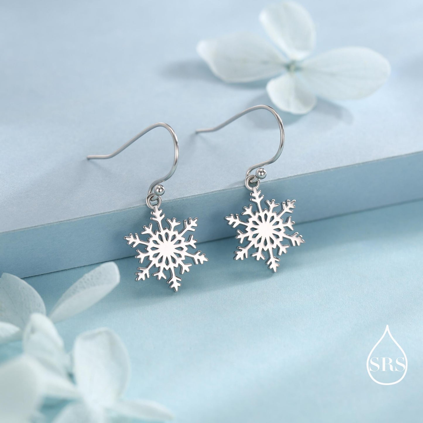 Snowflake Drop Hook Earrings in Sterling Silver, Silver, Gold or Rose Gold, Pretty Snowflake Earrings, Snow Earrings, Christmas Earrings