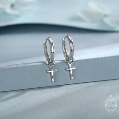 Sterling Silver Cross Hoop Earrings, 8mm or 10mm, Detachable Charm Hoop Earrings, Cross Earrings, Silver or Gold, Interchangeable