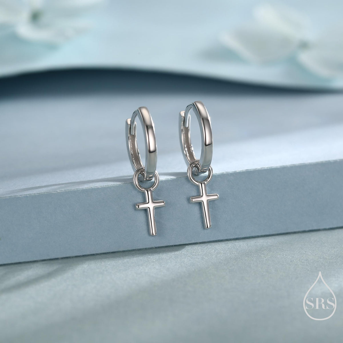 Sterling Silver Cross Hoop Earrings, 8mm or 10mm, Detachable Charm Hoop Earrings, Cross Earrings, Silver or Gold, Interchangeable