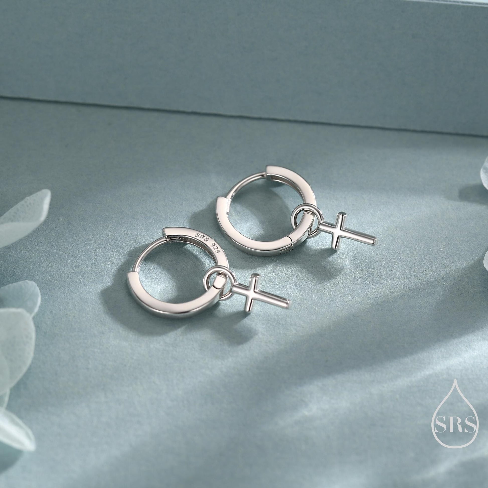 Sterling Silver Cross Hoop Earrings, 8mm or 10mm, Detachable Charm Hoop Earrings, Cross Earrings, Silver or Gold, Interchangeable