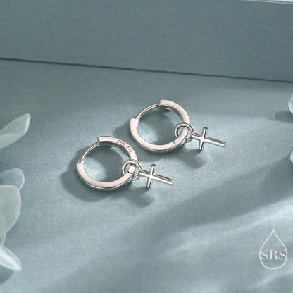 Sterling Silver Cross Hoop Earrings, 8mm or 10mm, Detachable Charm Hoop Earrings, Cross Earrings, Silver or Gold, Interchangeable