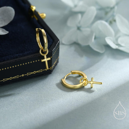 Sterling Silver Cross Hoop Earrings, 8mm or 10mm, Detachable Charm Hoop Earrings, Cross Earrings, Silver or Gold, Interchangeable
