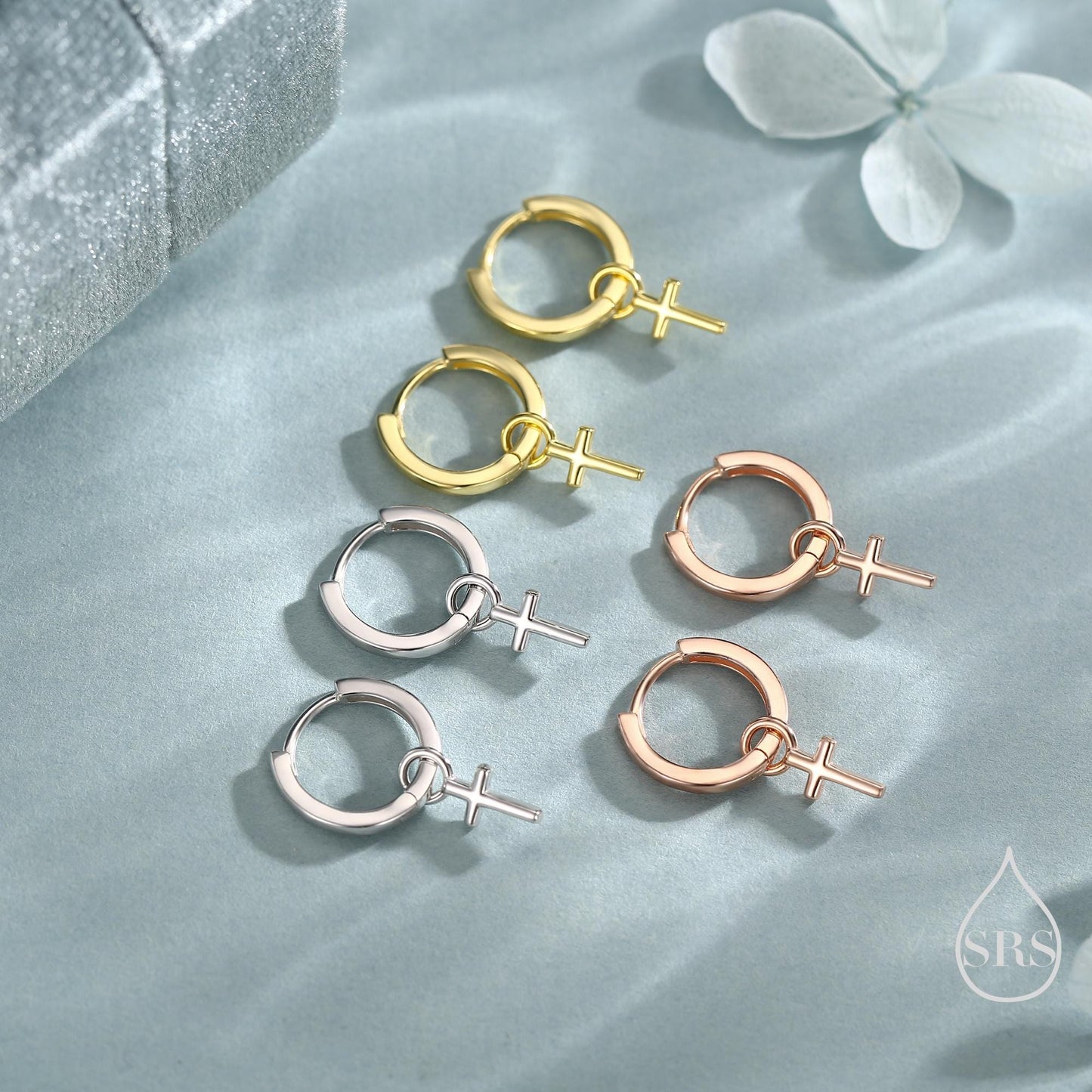 Sterling Silver Cross Hoop Earrings, 8mm or 10mm, Detachable Charm Hoop Earrings, Cross Earrings, Silver or Gold, Interchangeable