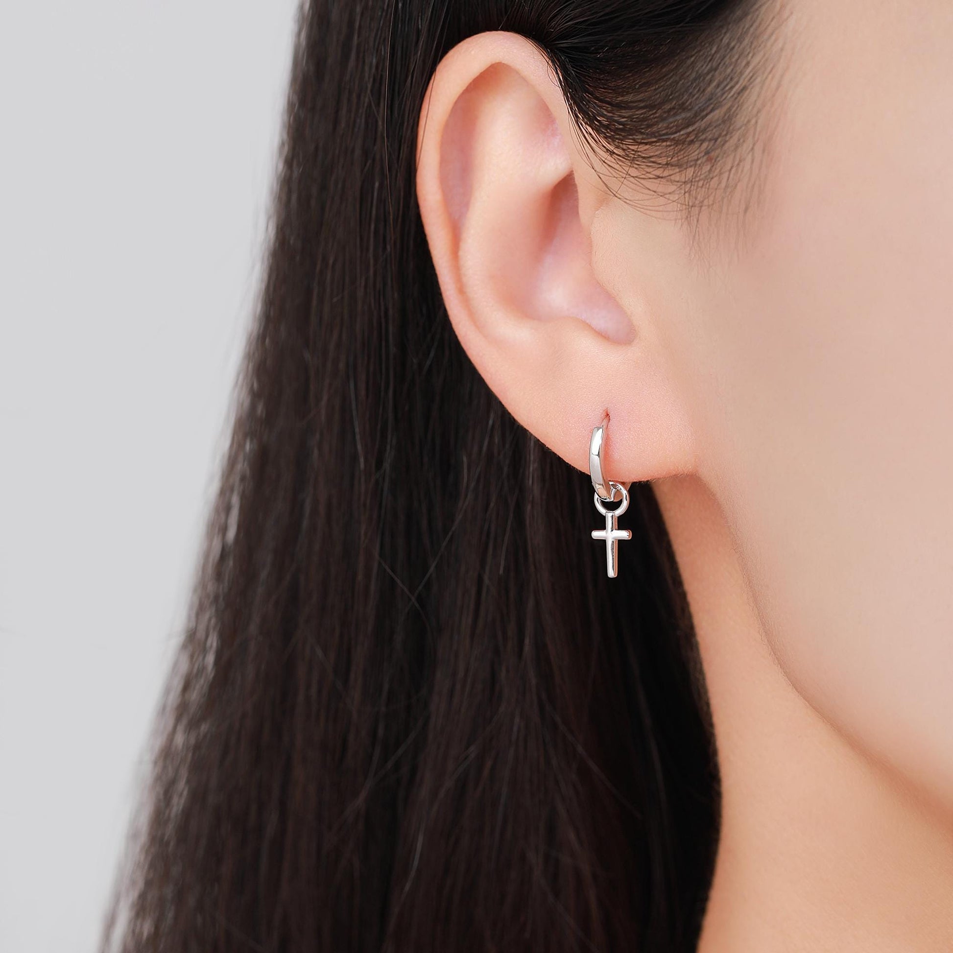 Sterling Silver Cross Hoop Earrings, 8mm or 10mm, Detachable Charm Hoop Earrings, Cross Earrings, Silver or Gold, Interchangeable