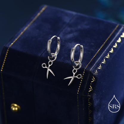 Tiny Scissors Huggie Hoops Earrings in Sterling Silver, Silver or Gold or Rose Gold Finish, Scissors Earrings, Detachable Charms