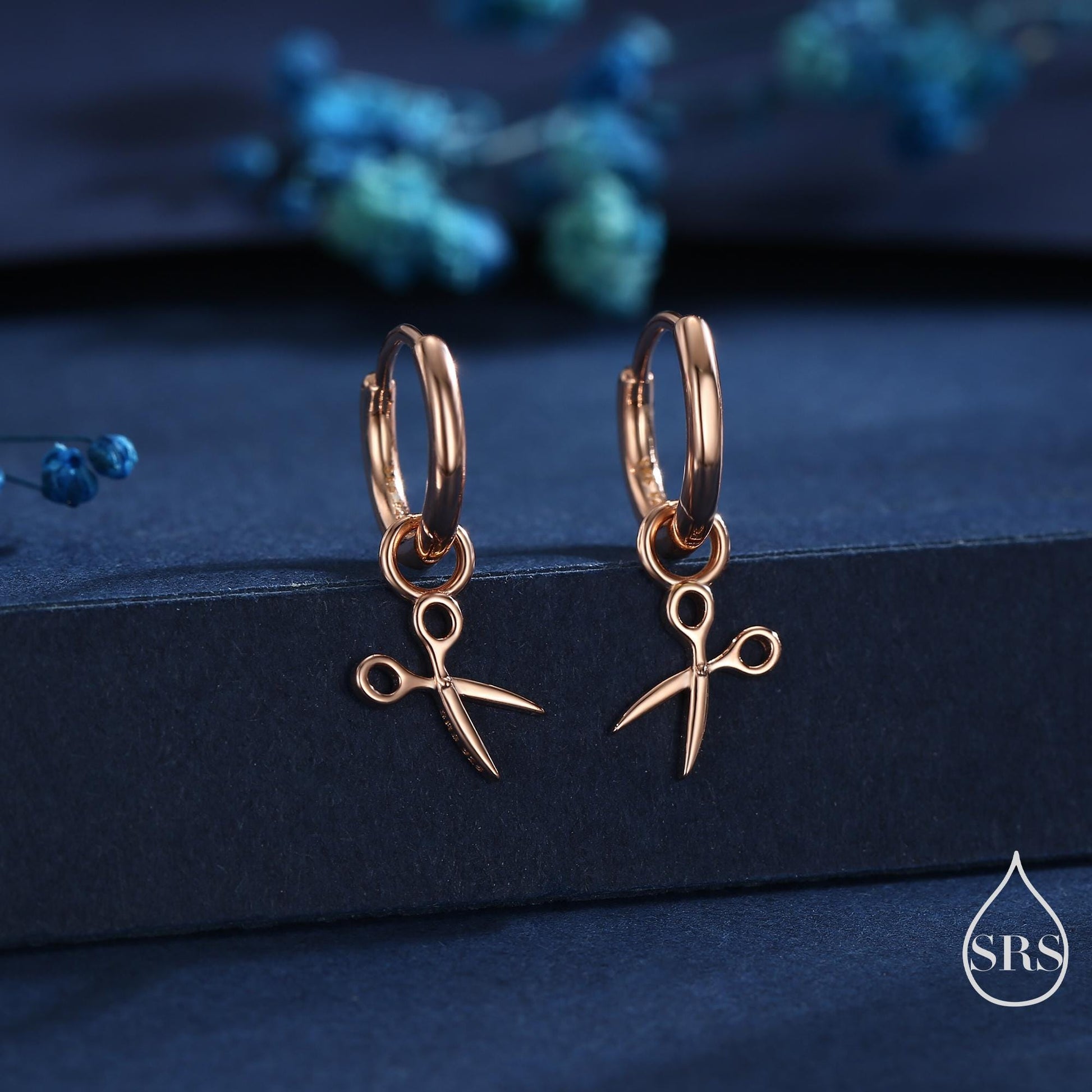 Tiny Scissors Huggie Hoops Earrings in Sterling Silver, Silver or Gold or Rose Gold Finish, Scissors Earrings, Detachable Charms