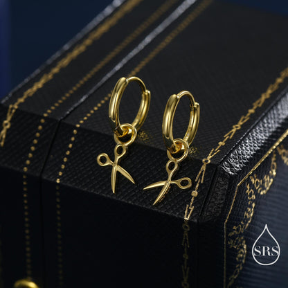 Tiny Scissors Huggie Hoops Earrings in Sterling Silver, Silver or Gold or Rose Gold Finish, Scissors Earrings, Detachable Charms