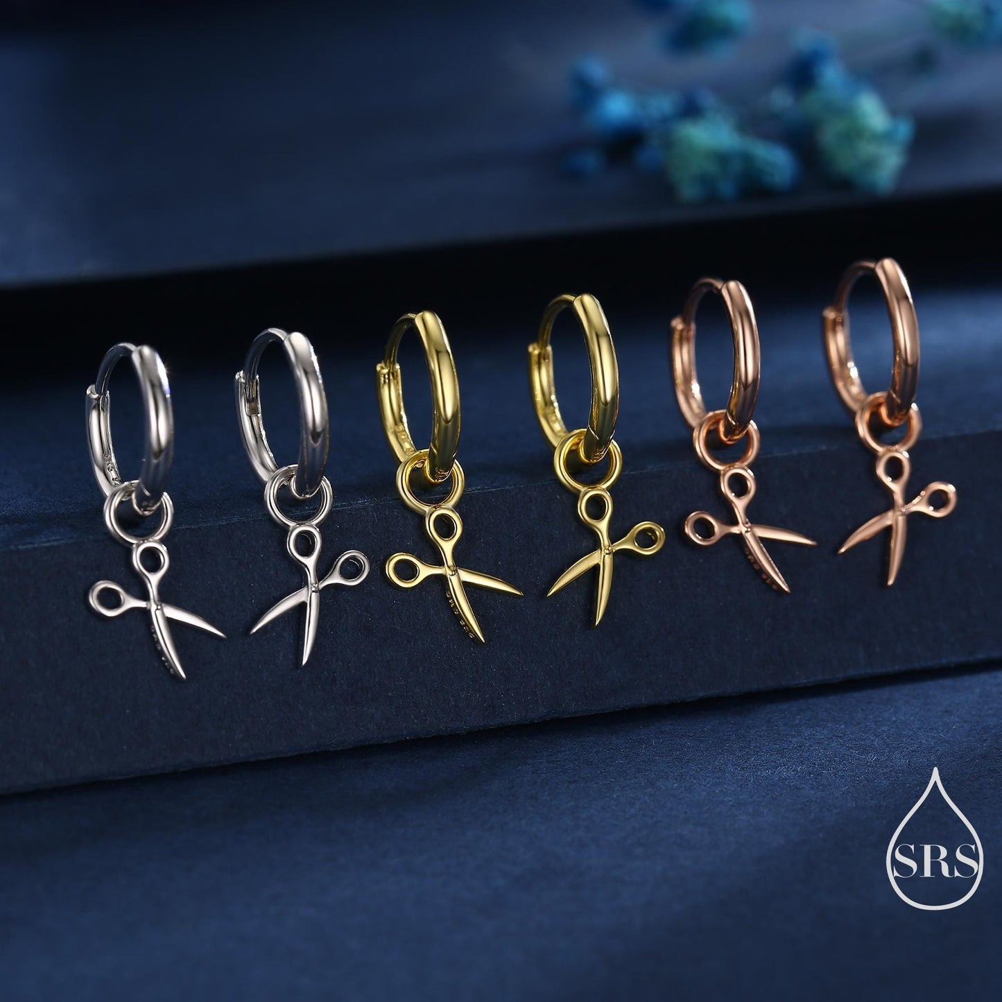 Tiny Scissors Huggie Hoops Earrings in Sterling Silver, Silver or Gold or Rose Gold Finish, Scissors Earrings, Detachable Charms