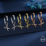 Tiny Scissors Huggie Hoops Earrings in Sterling Silver, Silver or Gold or Rose Gold Finish, Scissors Earrings, Detachable Charms