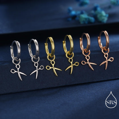 Tiny Scissors Huggie Hoops Earrings in Sterling Silver, Silver or Gold or Rose Gold Finish, Scissors Earrings, Detachable Charms