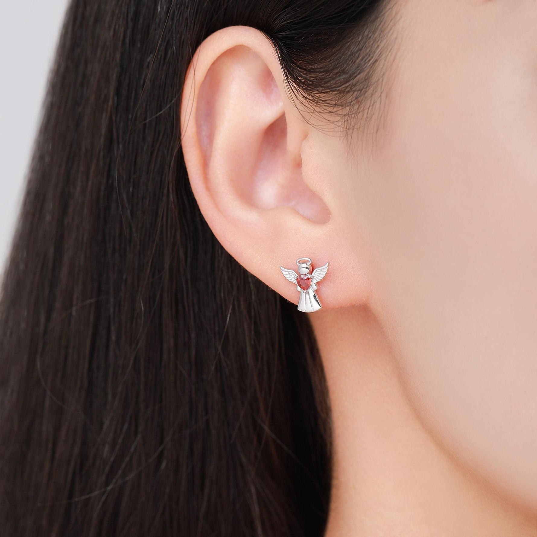 Mismatched Angel and Lyre Stud Earrings in Sterling Silver, Available in 3 Finishes - Silver, Gold and Rose Gold, Silver Angel Earrings