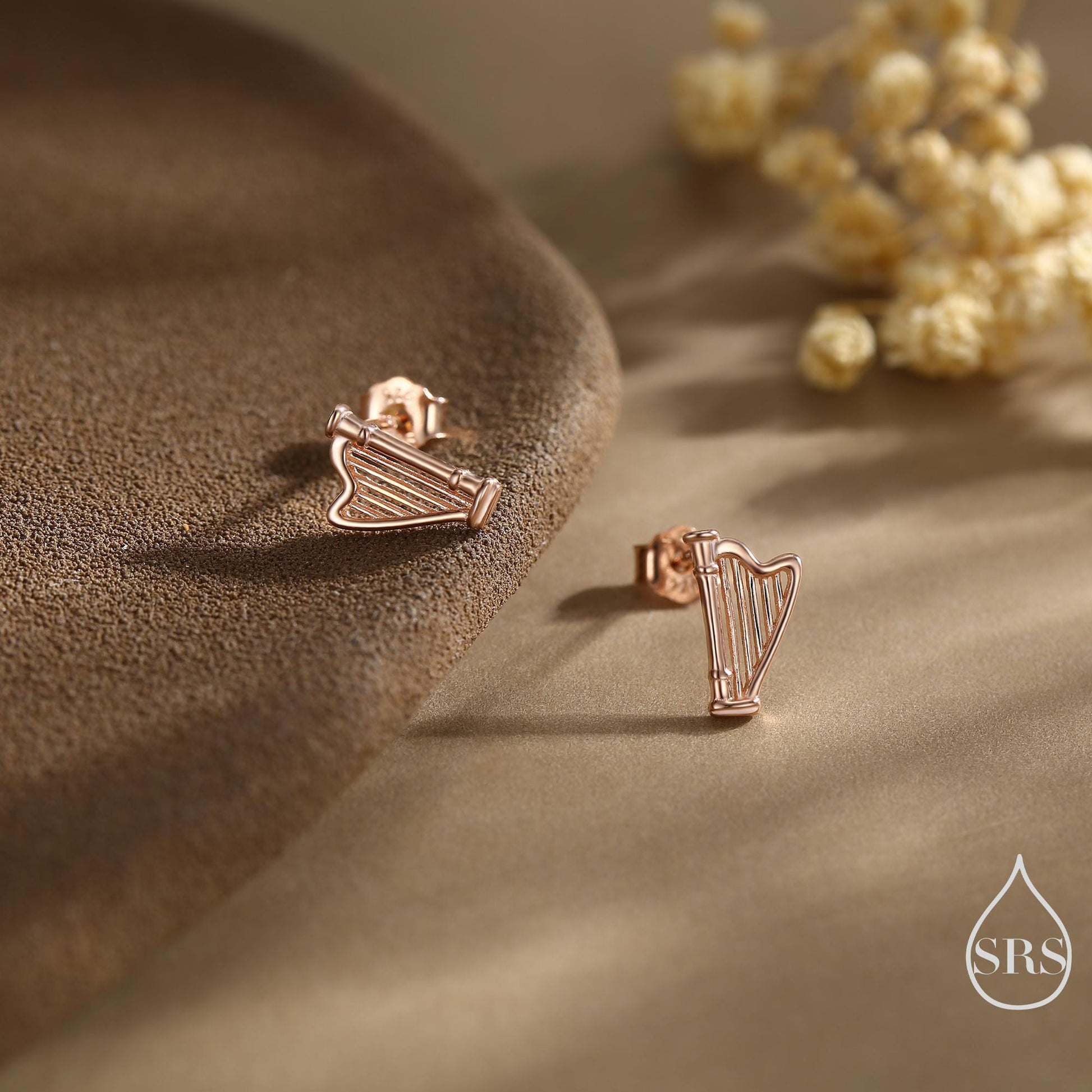 Harp Stud Earrings in Sterling Silver, Silver, or Gold or Rose Gold, Silver Harp Stud Earrings, Fun Musical Instrument Earrings
