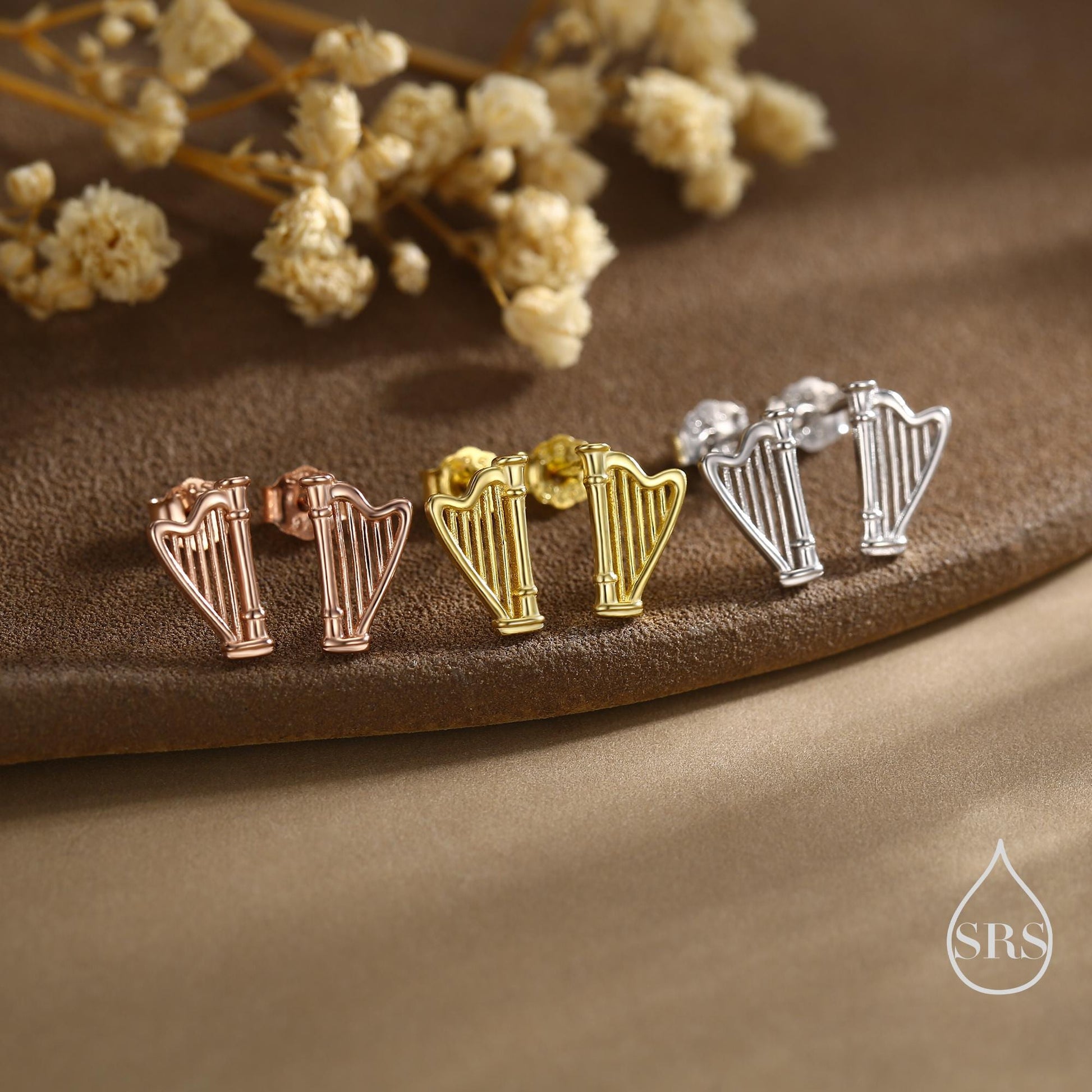 Harp Stud Earrings in Sterling Silver, Silver, or Gold or Rose Gold, Silver Harp Stud Earrings, Fun Musical Instrument Earrings