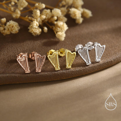 Harp Stud Earrings in Sterling Silver, Silver, or Gold or Rose Gold, Silver Harp Stud Earrings, Fun Musical Instrument Earrings
