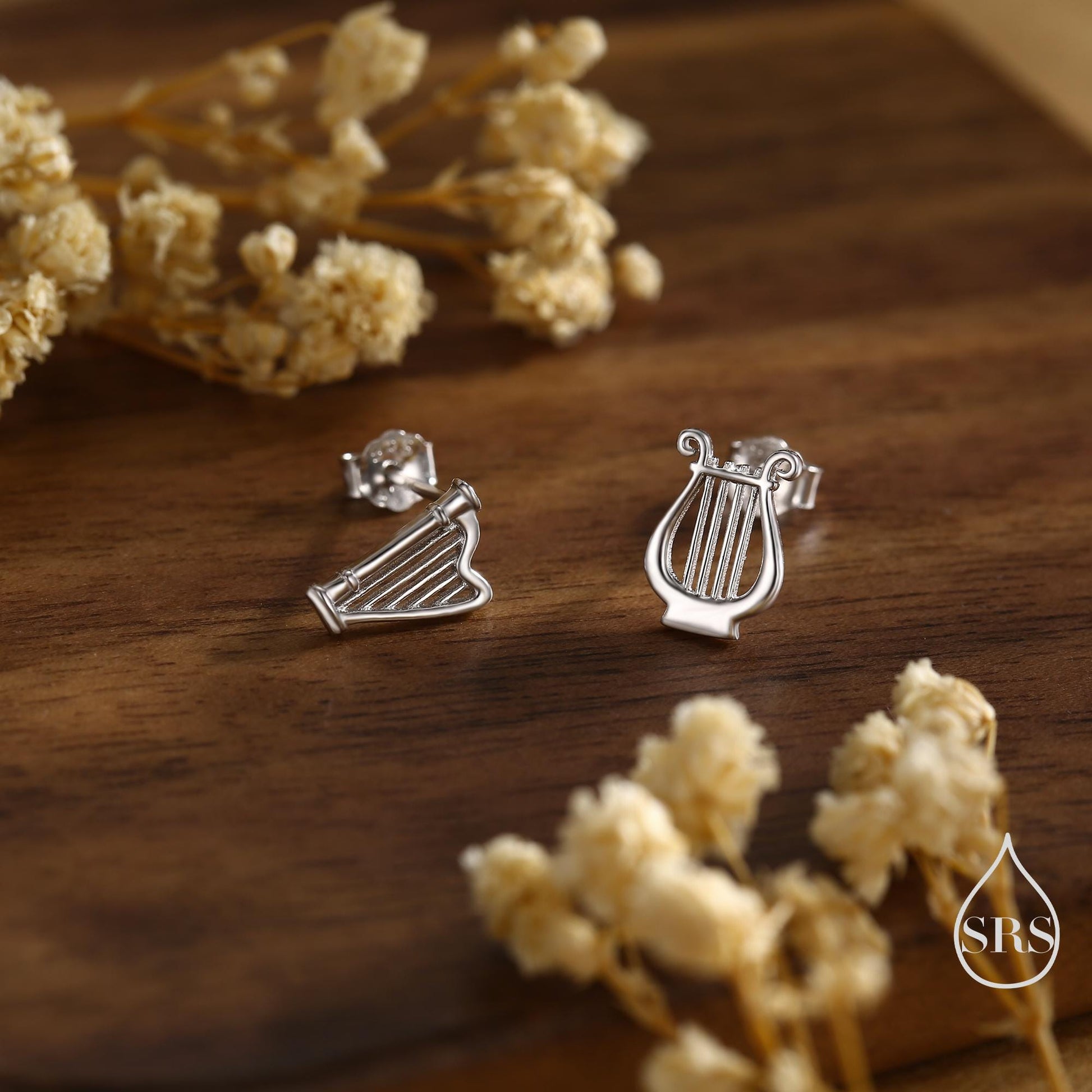 Mismatched Harp and Lyre Stud Earrings in Sterling Silver, Silver, Gold or Rose Gold, Silver Harp Stud Earrings, Musical Instrument Earrings