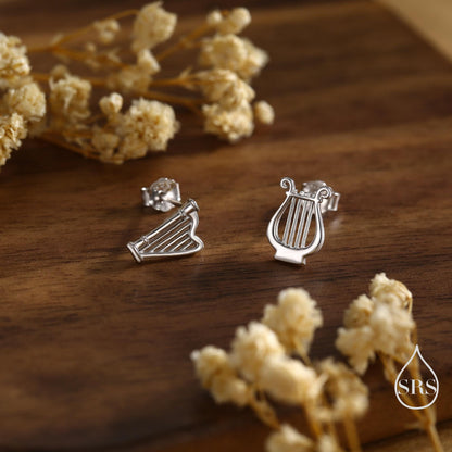 Mismatched Harp and Lyre Stud Earrings in Sterling Silver, Silver, Gold or Rose Gold, Silver Harp Stud Earrings, Musical Instrument Earrings