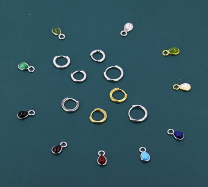 Charms for Huggie Hoops, Sterling Silver Droplet Charms for Earrings, Detachable, Silver or Gold, Customizable with Various Stone Options