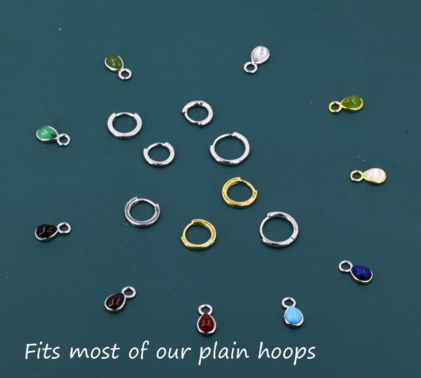 Charms for Huggie Hoops, Sterling Silver Droplet Charms for Earrings, Detachable, Silver or Gold, Customizable with Various Stone Options