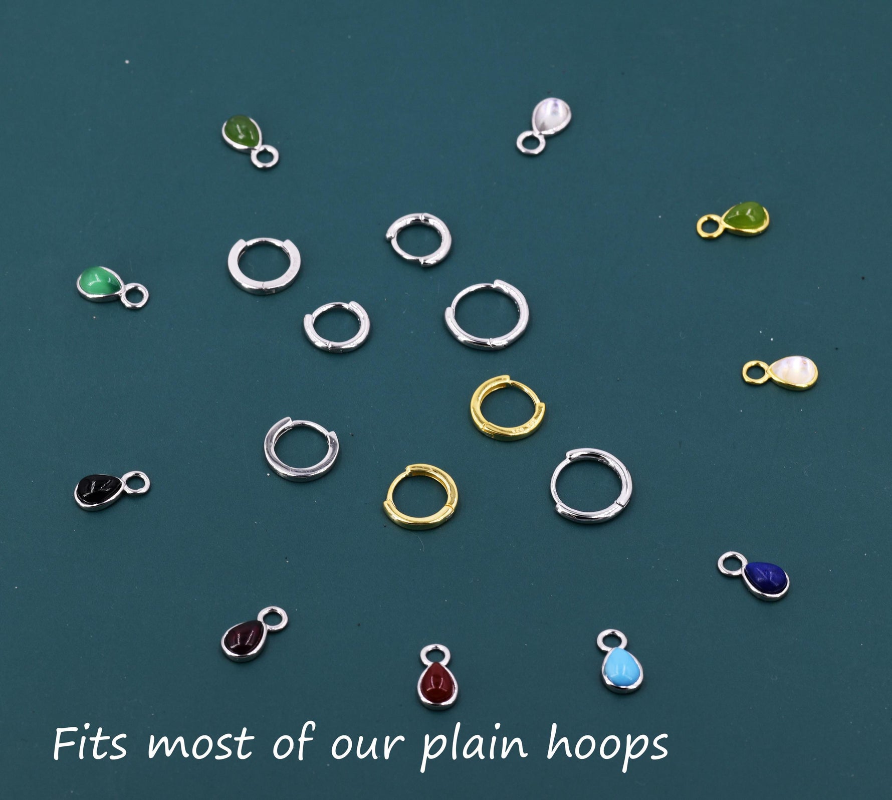 Charms for Huggie Hoops, Sterling Silver Droplet Charms for Earrings, Detachable, Silver or Gold, Customizable with Various Stone Options
