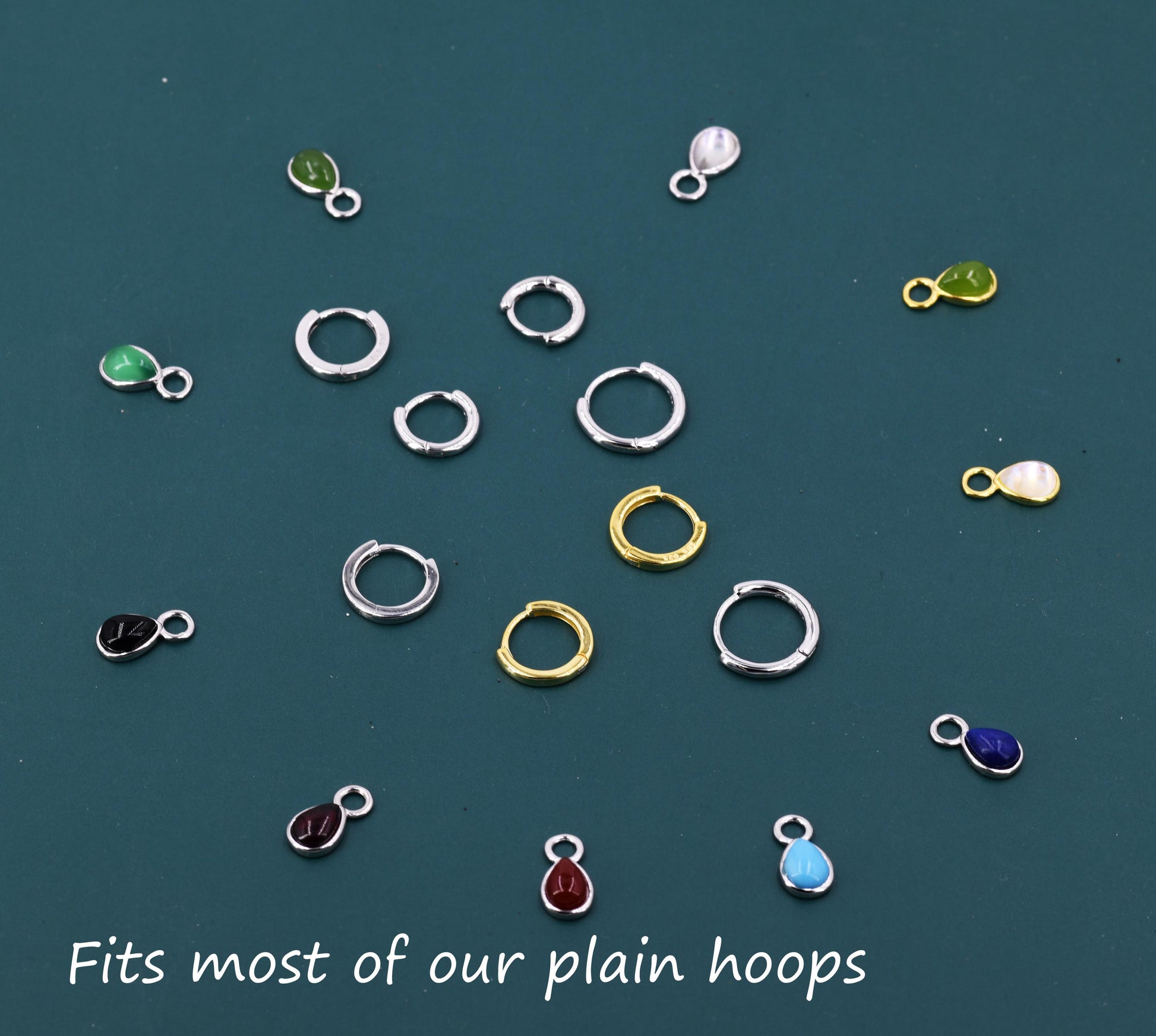 Charms for Huggie Hoops, Sterling Silver Droplet Charms for Earrings, Detachable, Silver or Gold, Customizable with Various Stone Options