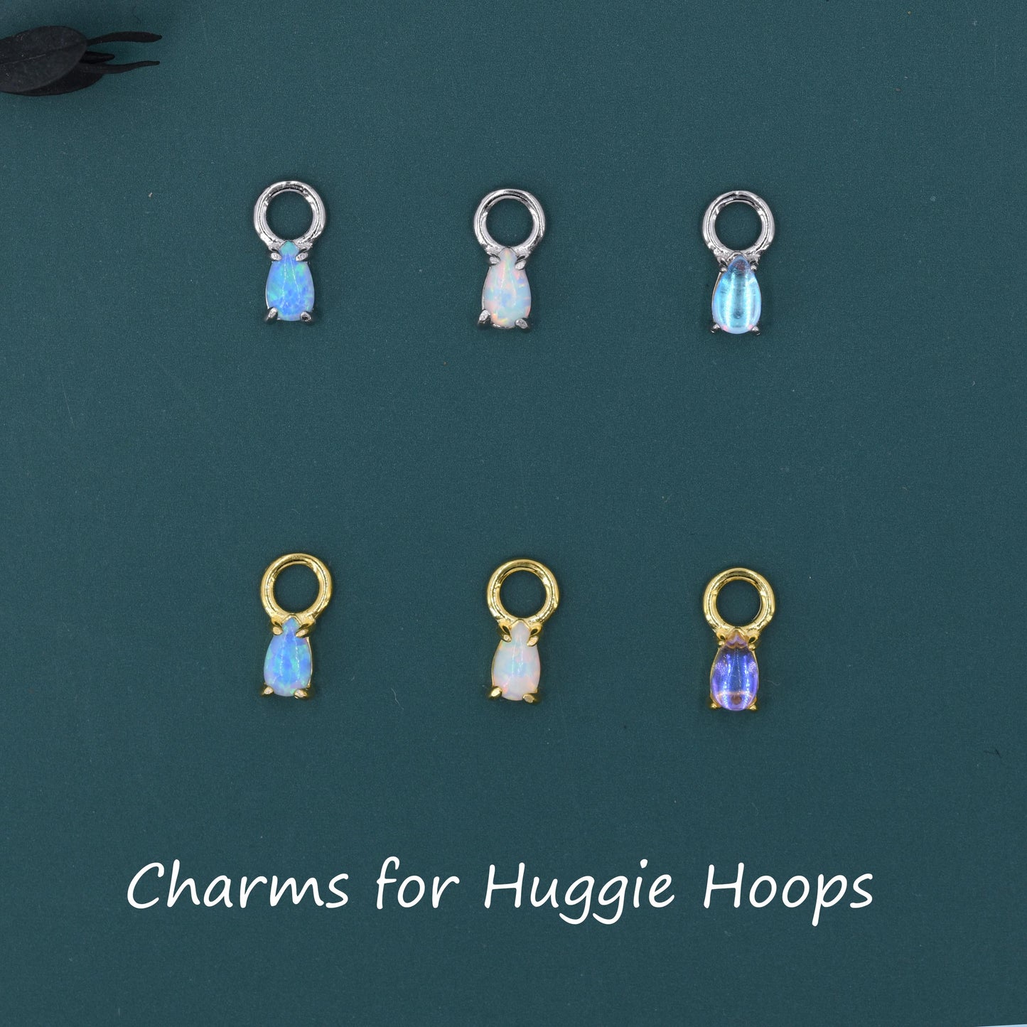 White Opal/Blue Opal/Moonstone Charms for Huggie Hoops, Sterling Silver Droplet Charms, Prong Set, Detachable, Silver, Gold, or Rose Gold