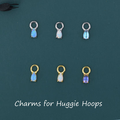 White Opal/Blue Opal/Moonstone Charms for Huggie Hoops, Sterling Silver Droplet Charms, Prong Set, Detachable, Silver, Gold, or Rose Gold