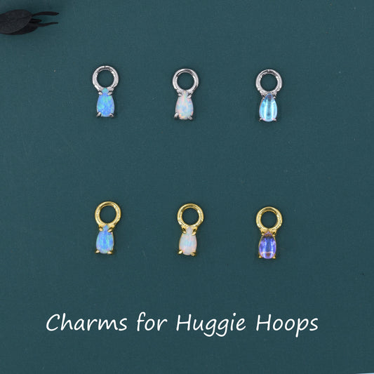 White Opal/Blue Opal/Moonstone Charms for Huggie Hoops, Sterling Silver Droplet Charms, Prong Set, Detachable, Silver, Gold, or Rose Gold