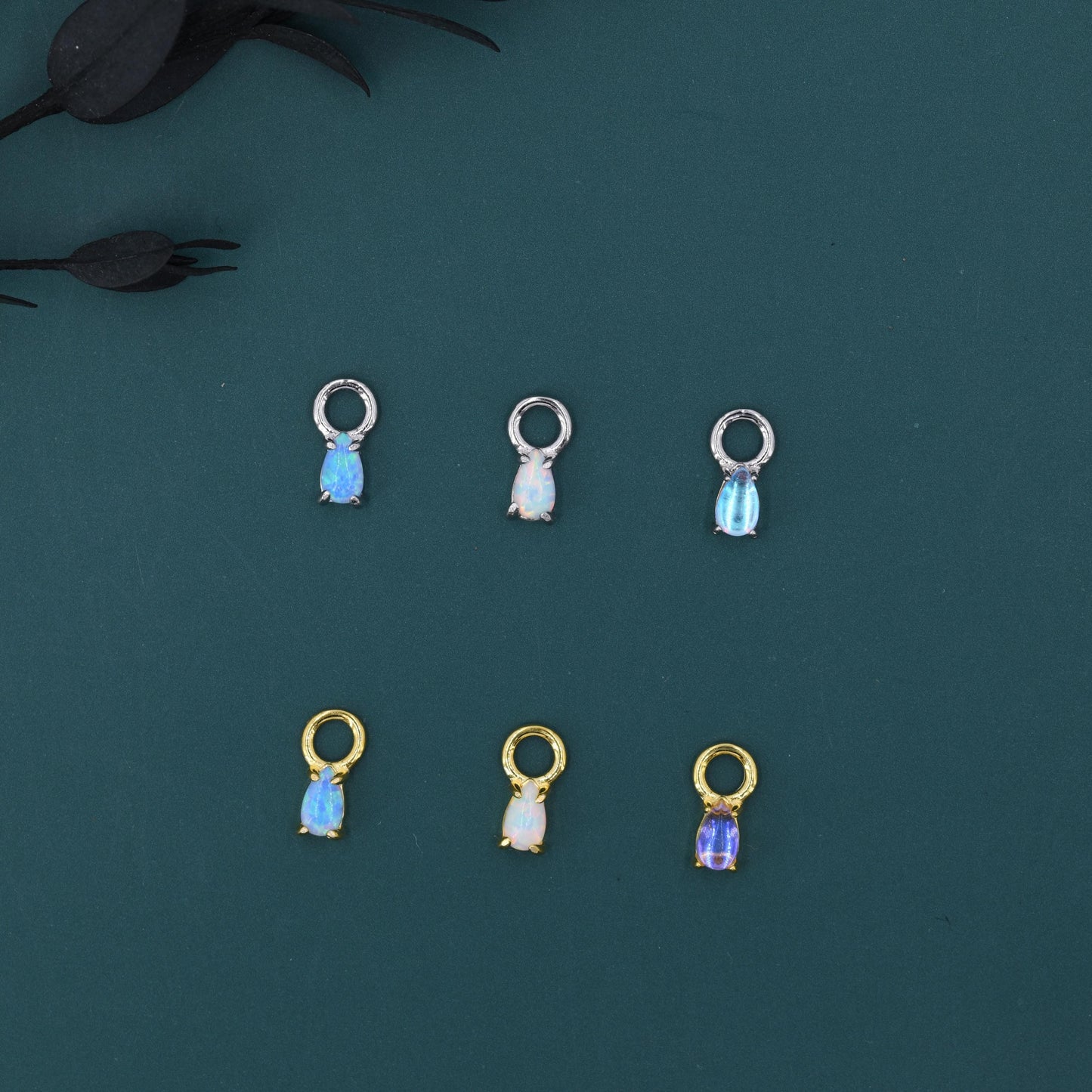 White Opal/Blue Opal/Moonstone Charms for Huggie Hoops, Sterling Silver Droplet Charms, Prong Set, Detachable, Silver, Gold, or Rose Gold