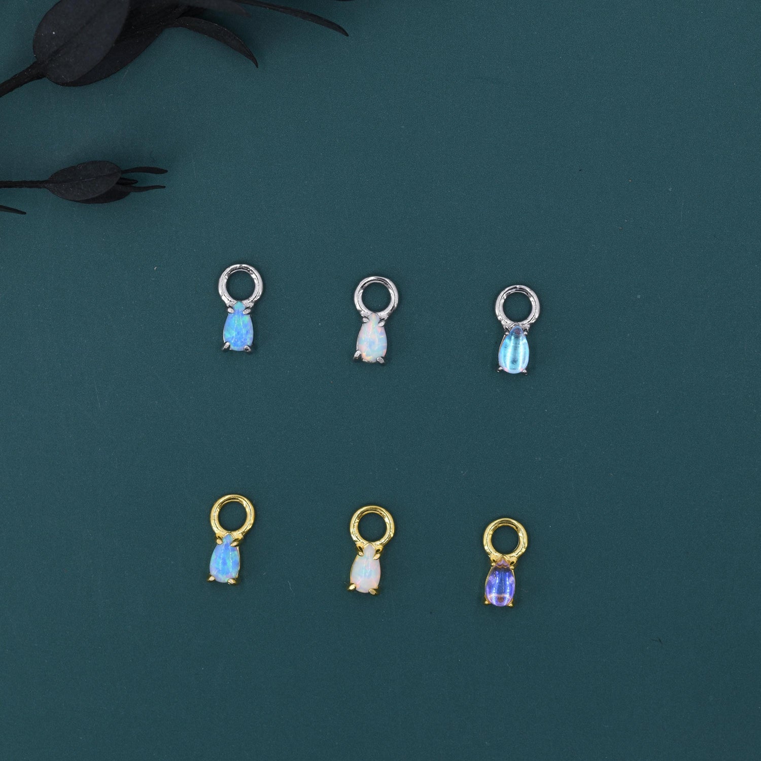 White Opal/Blue Opal/Moonstone Charms for Huggie Hoops, Sterling Silver Droplet Charms, Prong Set, Detachable, Silver, Gold, or Rose Gold