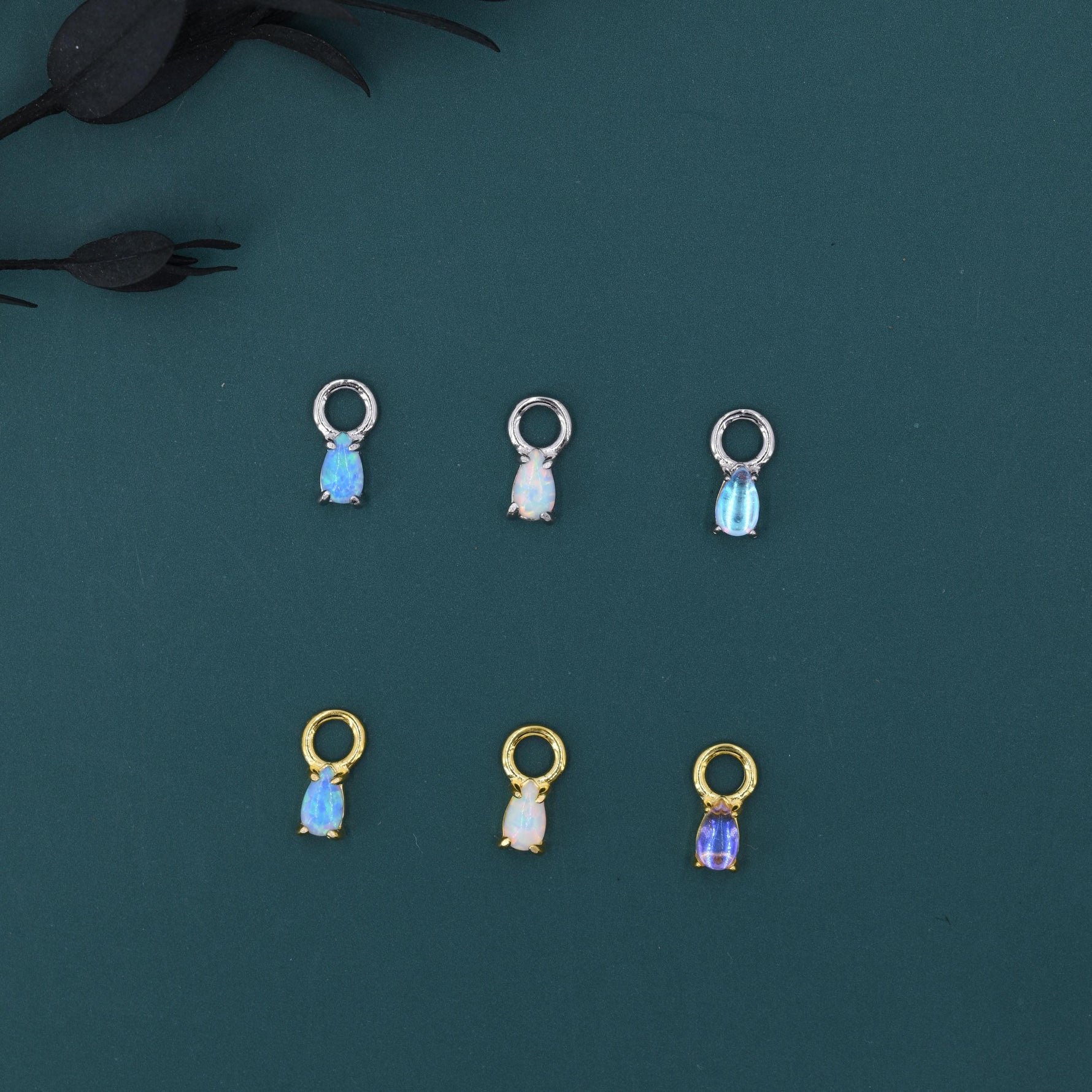 White Opal/Blue Opal/Moonstone Charms for Huggie Hoops, Sterling Silver Droplet Charms, Prong Set, Detachable, Silver, Gold, or Rose Gold