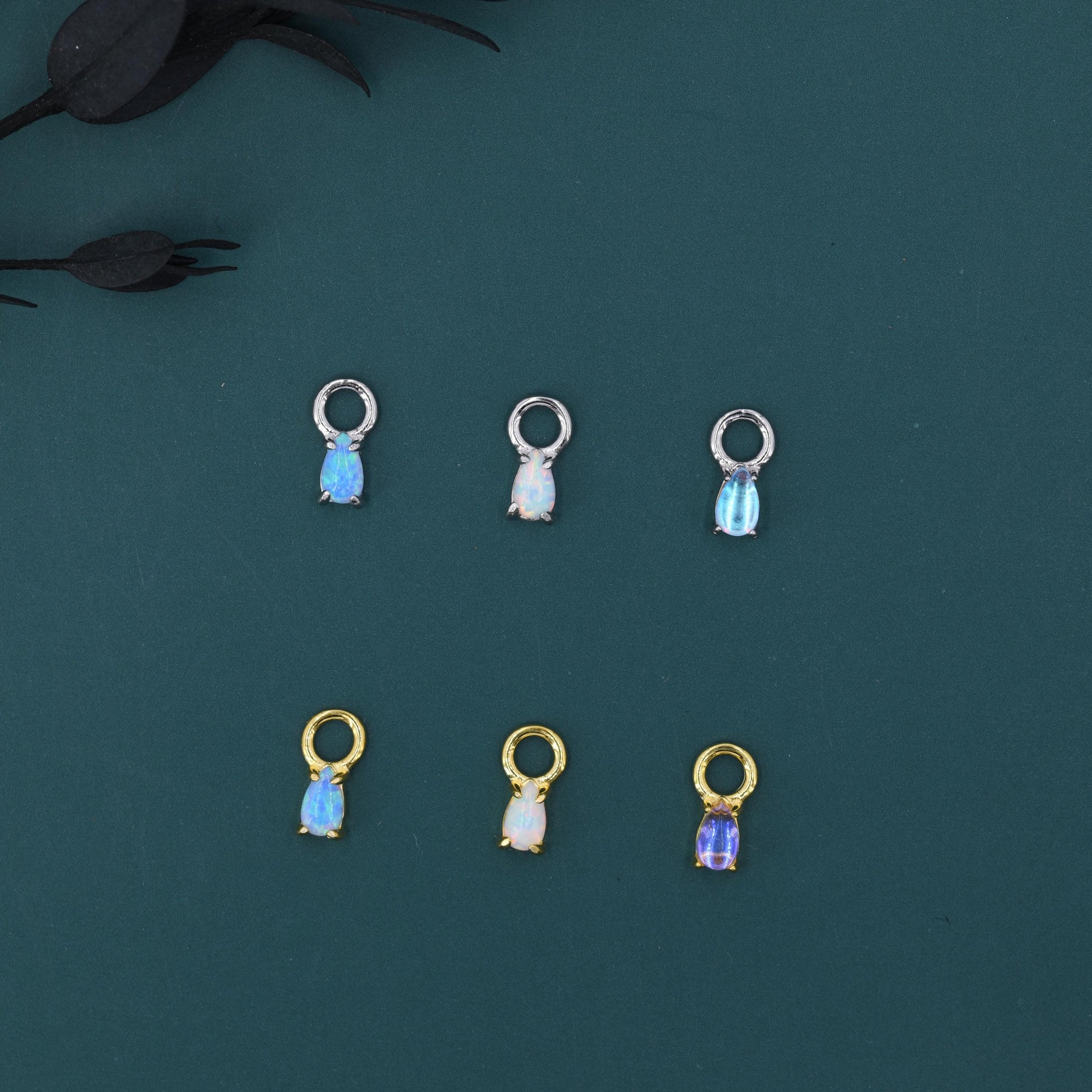 White Opal/Blue Opal/Moonstone Charms for Huggie Hoops, Sterling Silver Droplet Charms, Prong Set, Detachable, Silver, Gold, or Rose Gold