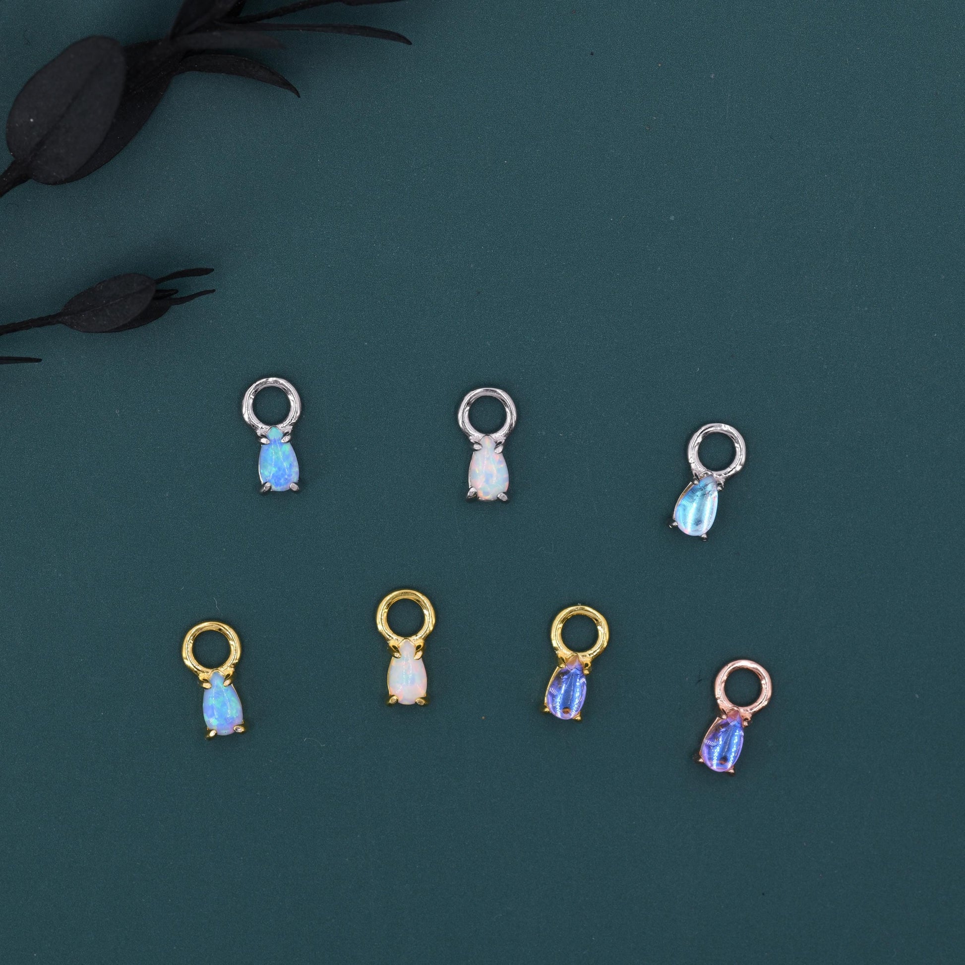 White Opal/Blue Opal/Moonstone Charms for Huggie Hoops, Sterling Silver Droplet Charms, Prong Set, Detachable, Silver, Gold, or Rose Gold