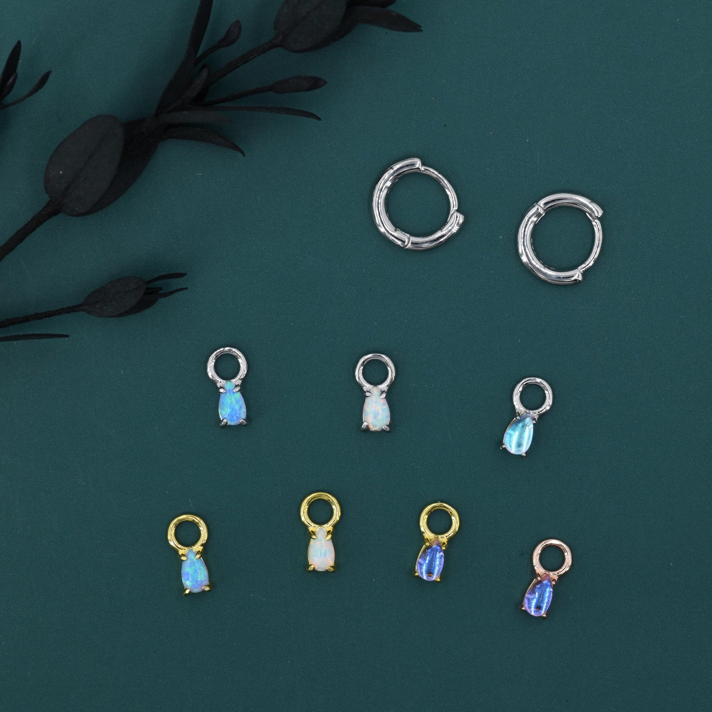 White Opal/Blue Opal/Moonstone Charms for Huggie Hoops, Sterling Silver Droplet Charms, Prong Set, Detachable, Silver, Gold, or Rose Gold