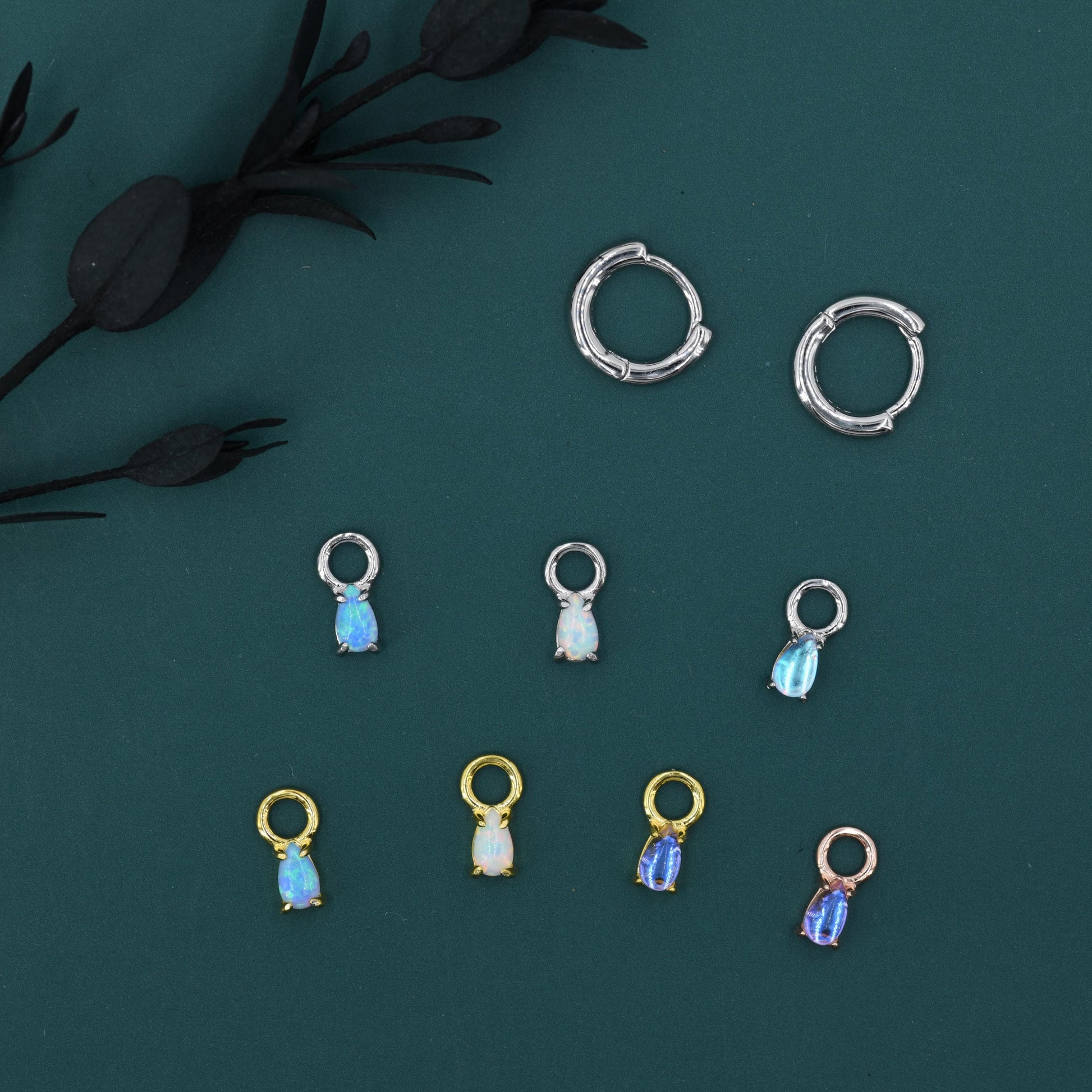 White Opal/Blue Opal/Moonstone Charms for Huggie Hoops, Sterling Silver Droplet Charms, Prong Set, Detachable, Silver, Gold, or Rose Gold