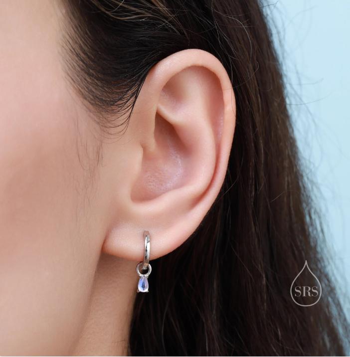 White Opal/Blue Opal/Moonstone Charms for Huggie Hoops, Sterling Silver Droplet Charms, Prong Set, Detachable, Silver, Gold, or Rose Gold