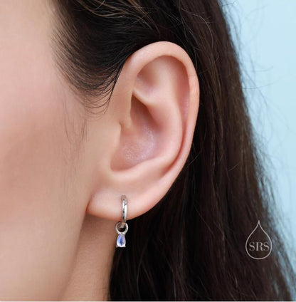 White Opal/Blue Opal/Moonstone Charms for Huggie Hoops, Sterling Silver Droplet Charms, Prong Set, Detachable, Silver, Gold, or Rose Gold