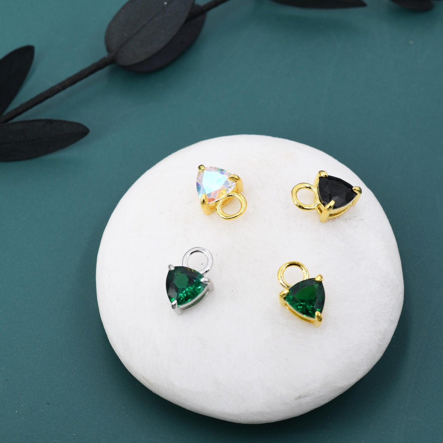 Sterling Silver Trillion Cut CZ Charms for Huggie Hoops Earrings, Detachable, Silver, Gold, or Rose Gold, Various Stone Options