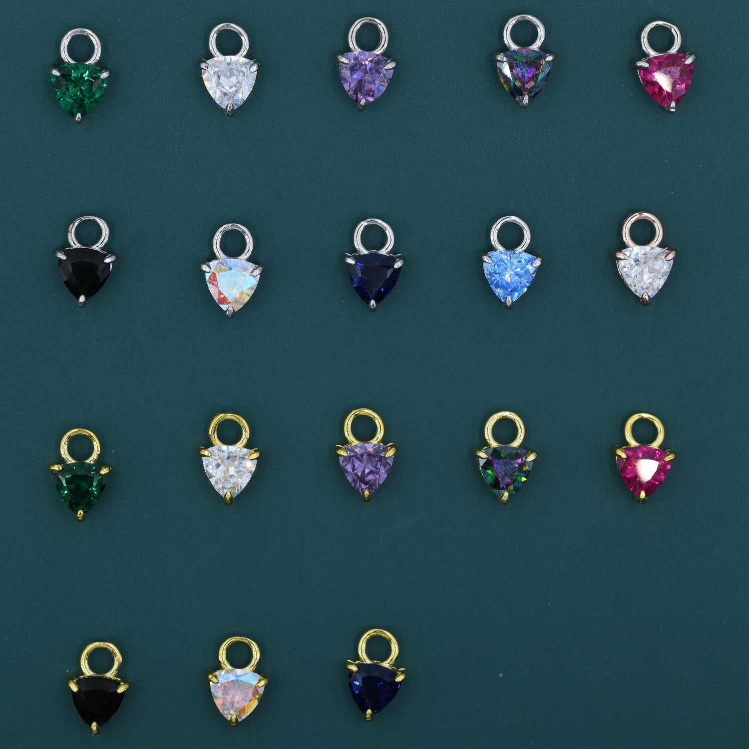 Sterling Silver Trillion Cut CZ Charms for Huggie Hoops Earrings, Detachable, Silver, Gold, or Rose Gold, Various Stone Options