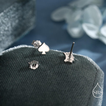 Mismatched Card Suit Spade with King Stud Earrings in Sterling Silver, Spade Earrings, Gold or Rose Gold, Asymmetric Earrings