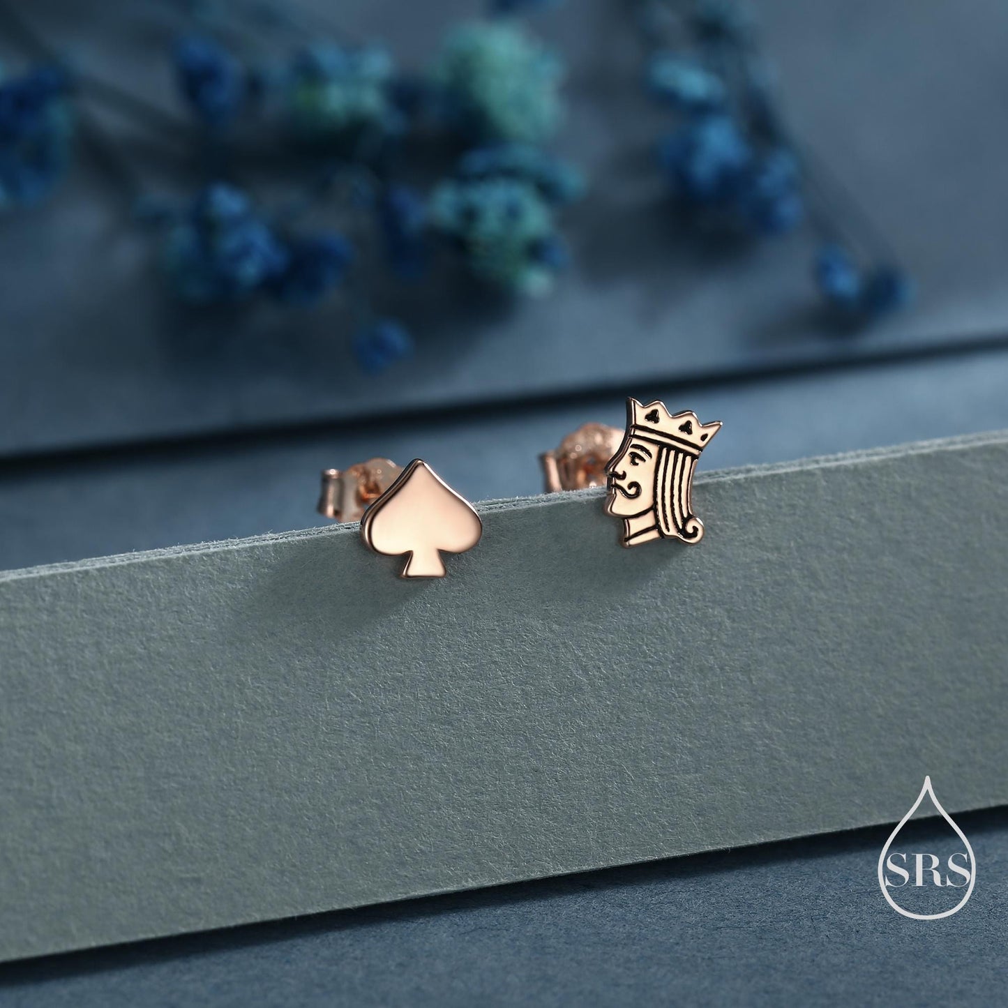 Mismatched Card Suit Spade with King Stud Earrings in Sterling Silver, Spade Earrings, Gold or Rose Gold, Asymmetric Earrings