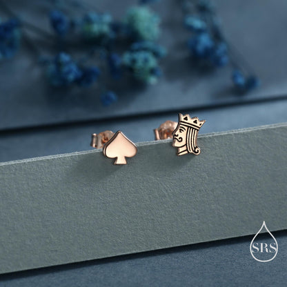 Mismatched Card Suit Spade with King Stud Earrings in Sterling Silver, Spade Earrings, Gold or Rose Gold, Asymmetric Earrings