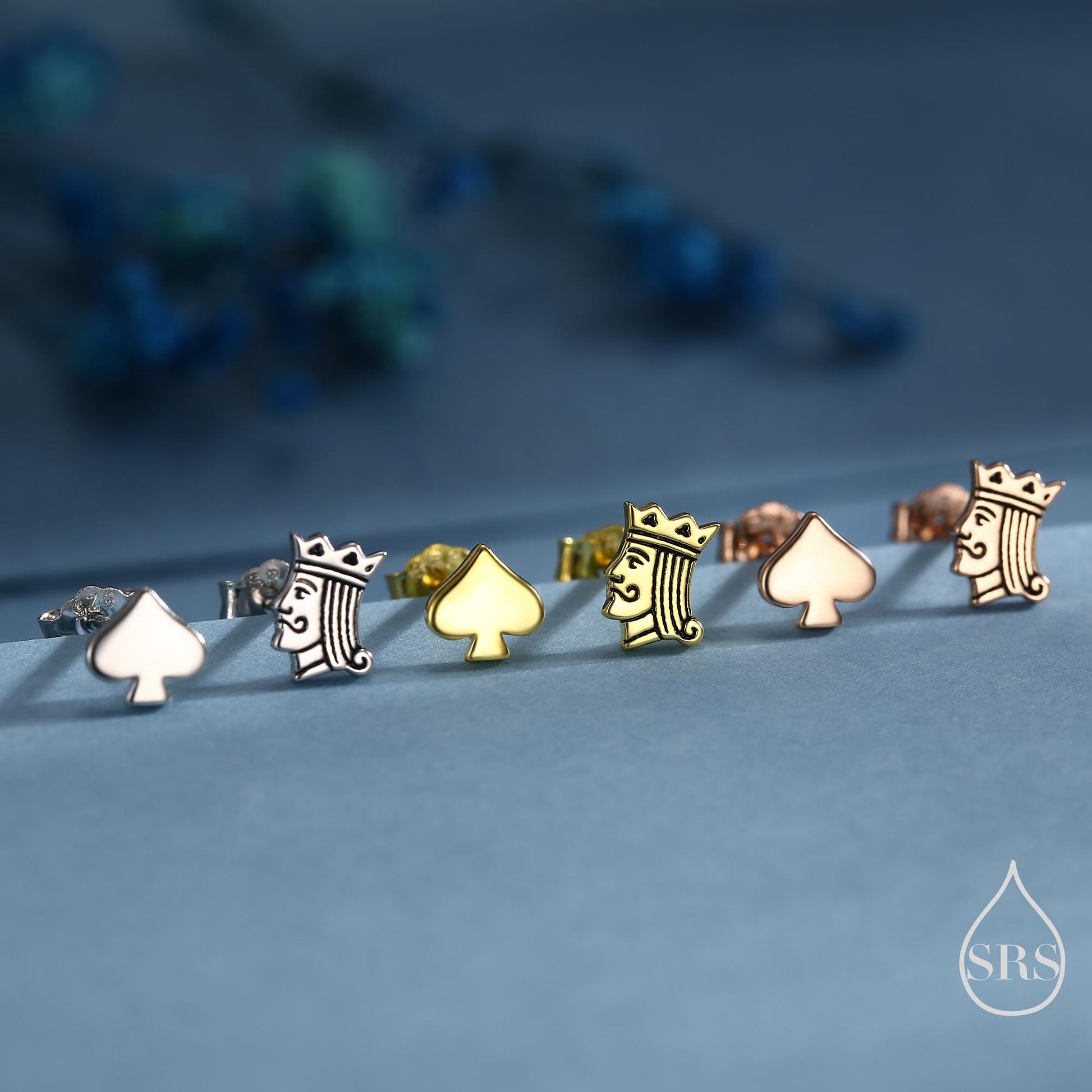 Mismatched Card Suit Spade with King Stud Earrings in Sterling Silver, Spade Earrings, Gold or Rose Gold, Asymmetric Earrings