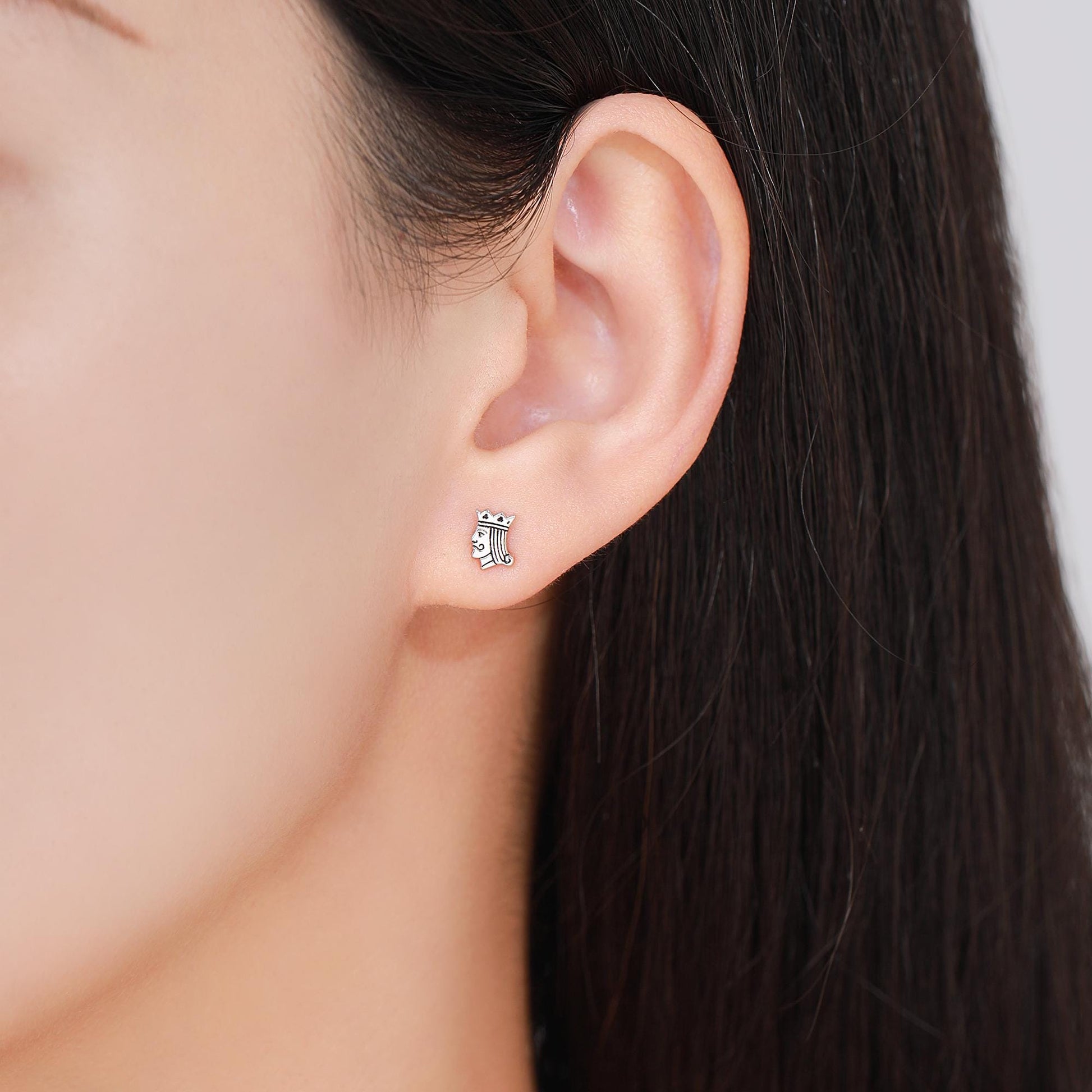 Mismatched Card Suit Spade with King Stud Earrings in Sterling Silver, Spade Earrings, Gold or Rose Gold, Asymmetric Earrings