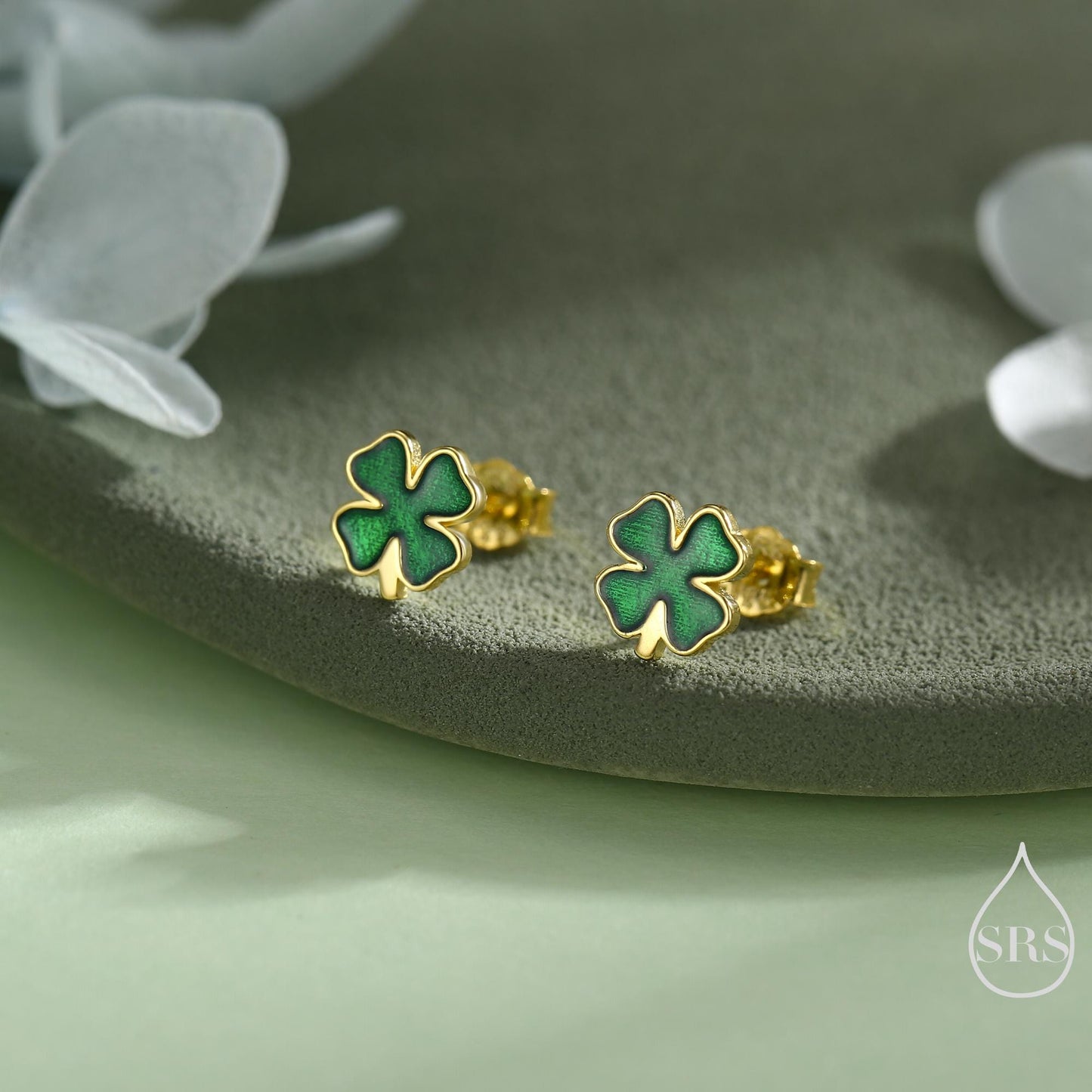 Four Leaf Clover Enamel Stud Earrings in Sterling Silver, Silver or Gold or Rose Gold, Flower Earrings, Shamrock Clover Earrings