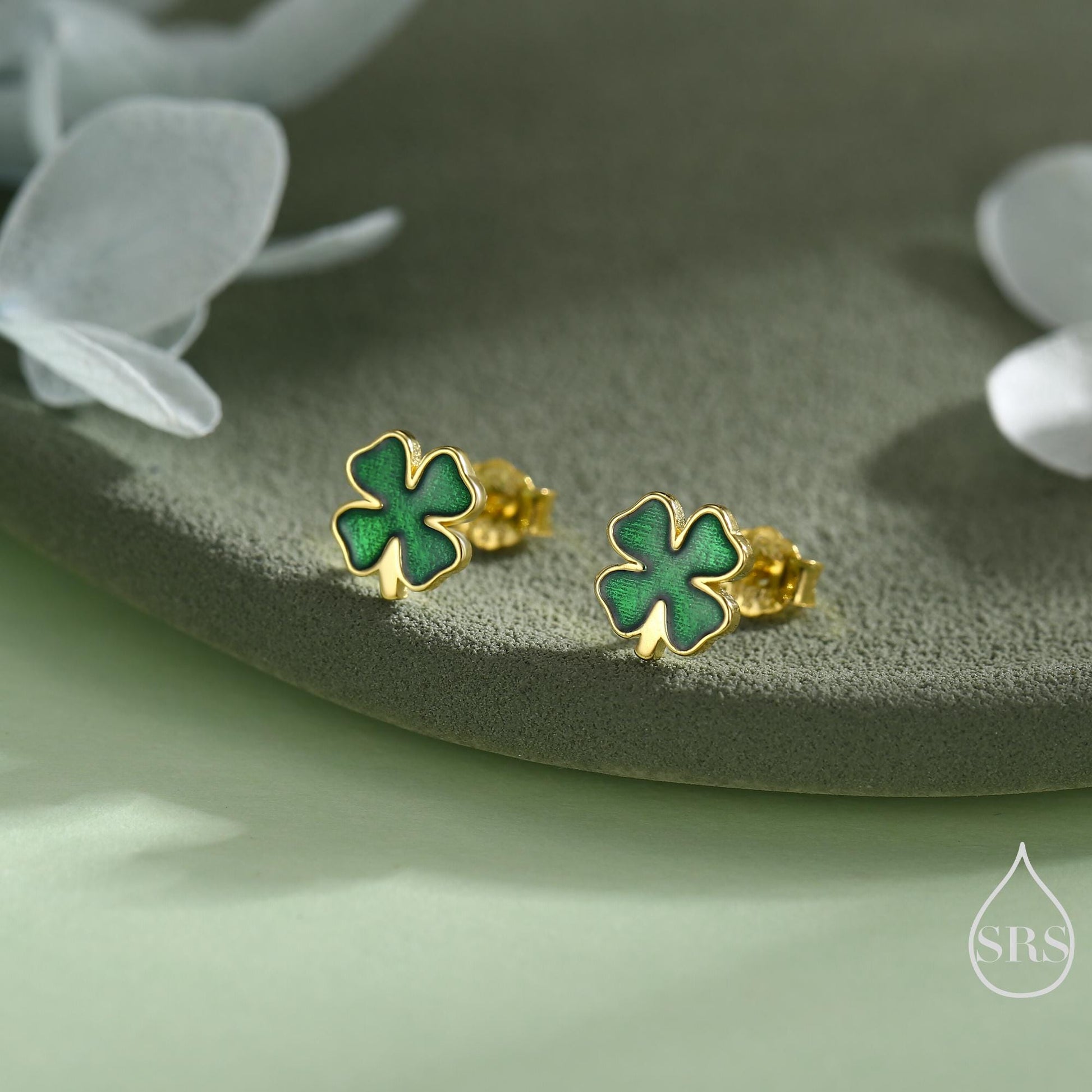 Four Leaf Clover Enamel Stud Earrings in Sterling Silver, Silver or Gold or Rose Gold, Flower Earrings, Shamrock Clover Earrings
