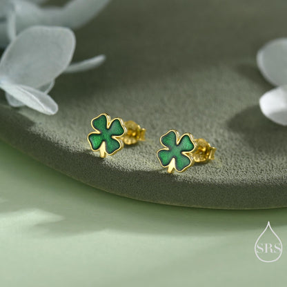 Four Leaf Clover Enamel Stud Earrings in Sterling Silver, Silver or Gold or Rose Gold, Flower Earrings, Shamrock Clover Earrings