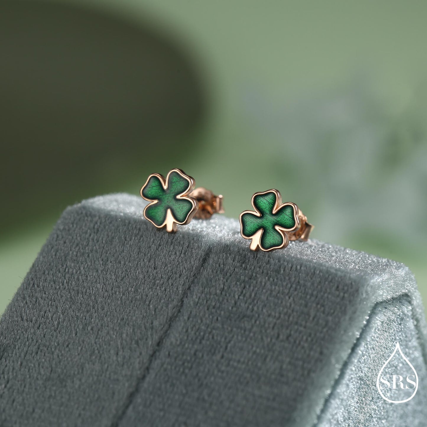 Four Leaf Clover Enamel Stud Earrings in Sterling Silver, Silver or Gold or Rose Gold, Flower Earrings, Shamrock Clover Earrings